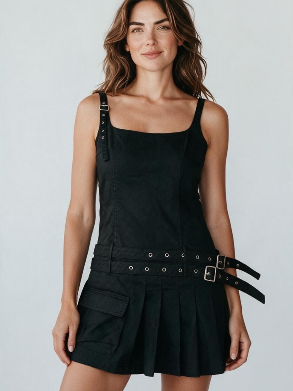 Zara Black Pleated Mini Dress with Buckle Straps